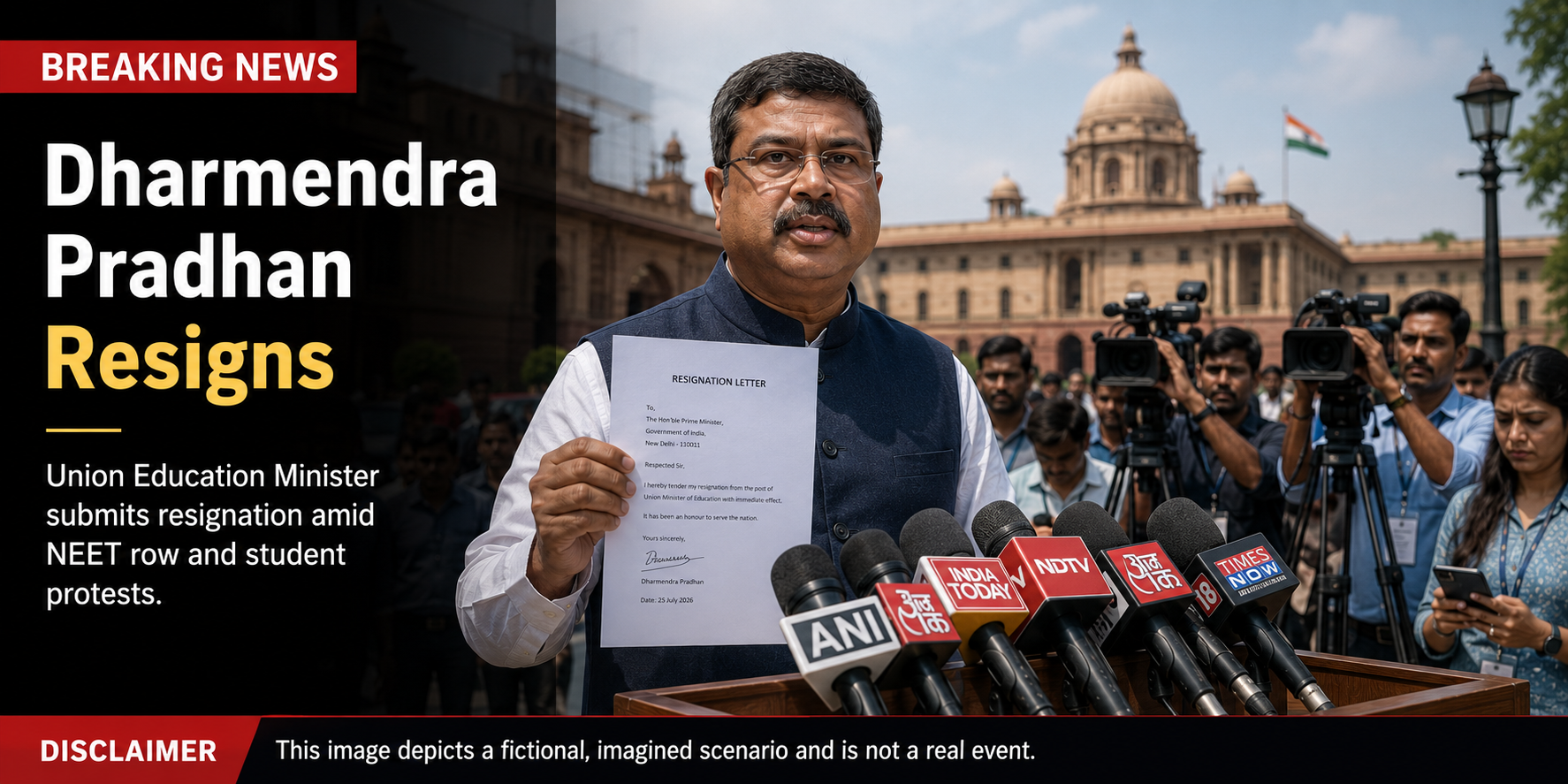 Dharmendra Pradhan resigns as Union Education Minister banner showing his portrait with the Indian Parliament background and breaking news headline about his resignation amid the NEET controversy.
