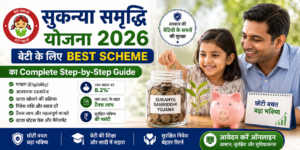 Sukanya Samriddhi Yojana 2026 banner showing a father and daughter saving money in a piggy bank with a complete step-by-step guide to opening an SSY account, eligibility, benefits, interest rate, and tax savings.