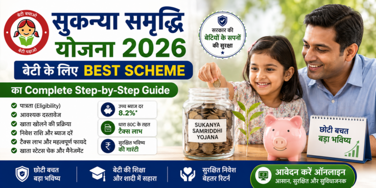 Sukanya Samriddhi Yojana 2026 banner showing a father and daughter saving money in a piggy bank with a complete step-by-step guide to opening an SSY account, eligibility, benefits, interest rate, and tax savings.